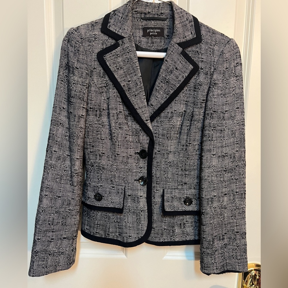 Grey blazer (black/white fine dots) with black trim. British brand Principles.
